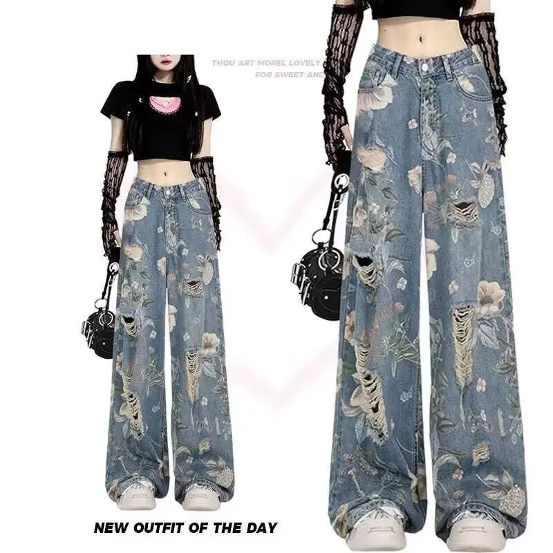 

Summer new American retro printed ripped jeans for women, with a loose design and a straight leg, floor length, wide leg pants
