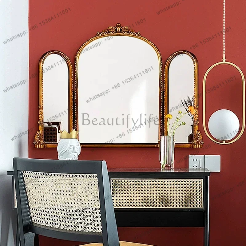YJ French Vintage Carved Folding Three-Way Mirror Wall-Mounted Vanity Mirror for Bedroom Living Room Fireplace Decor