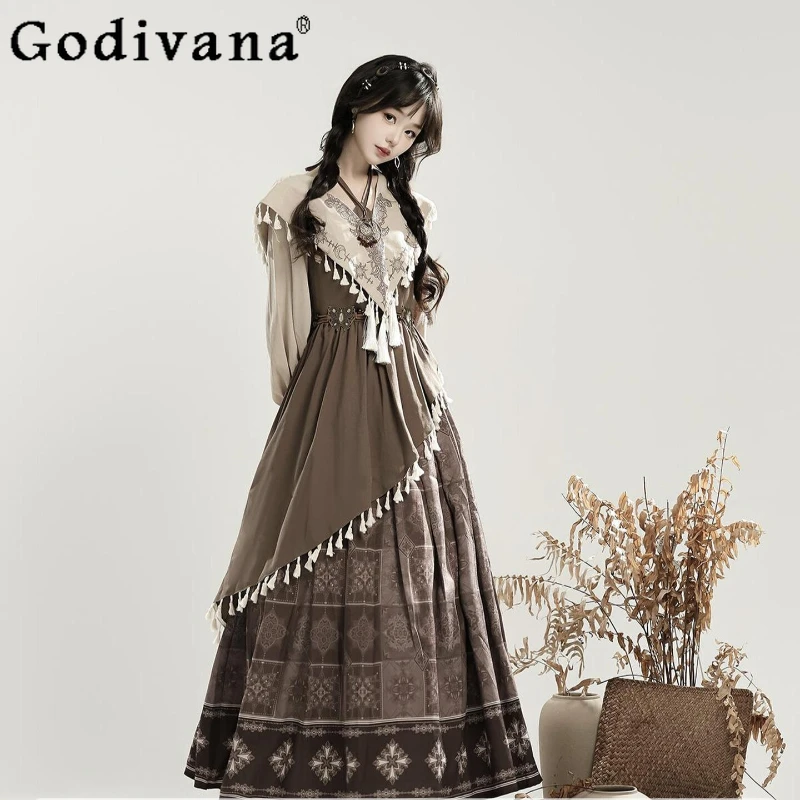 

Girls Chinese Retro Elegant Dress with Fake Collar High Waist Street Wear Lolita Dress Women's Cosplay Chic Dress Set