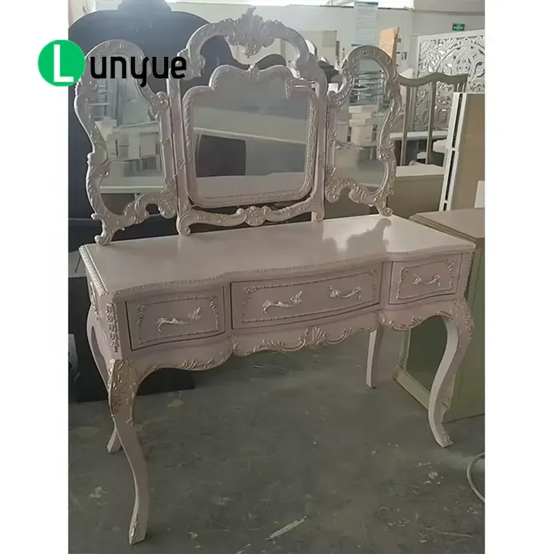 Blush Gold Rococo Dresser with Tri Fold Mirror Vintage Vanity Table for Bedroom Elegant Storage Furniture Luxury Home Decor