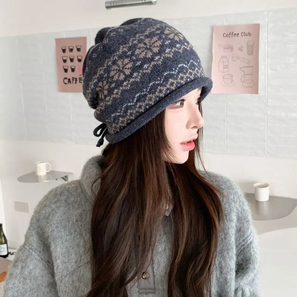 Fair Isle Pattern Knit Beanie Thick Knit Jacquard Knitted Beanie Warm Ear-Protecting Drawstring Roll Brim Warm Hat For Women