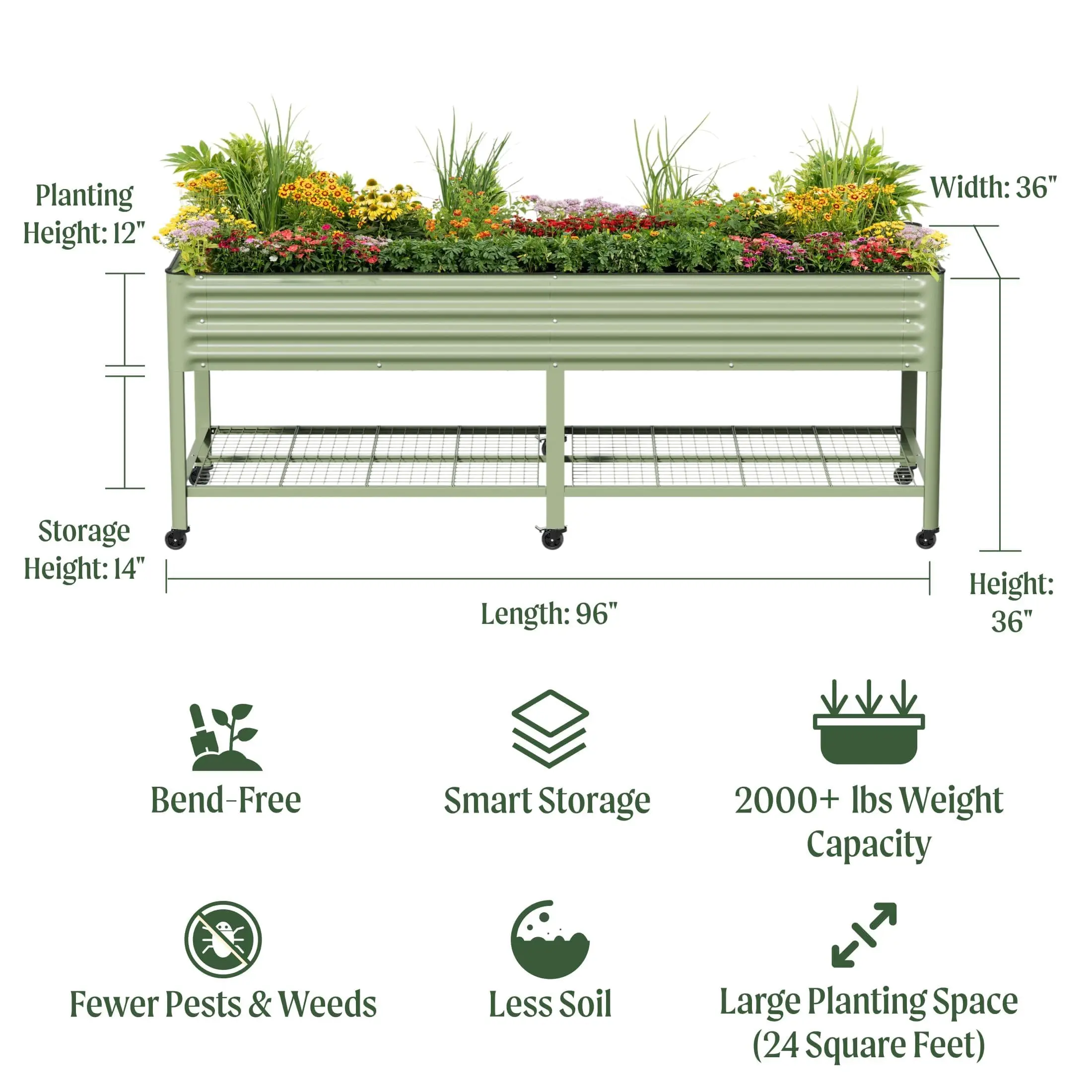 Rolling Elevated Raised Garden Beds, 3' x 8' Outdoor Planters Boxes with Legs & Storage Rack for Patio, 2000+ Lbs