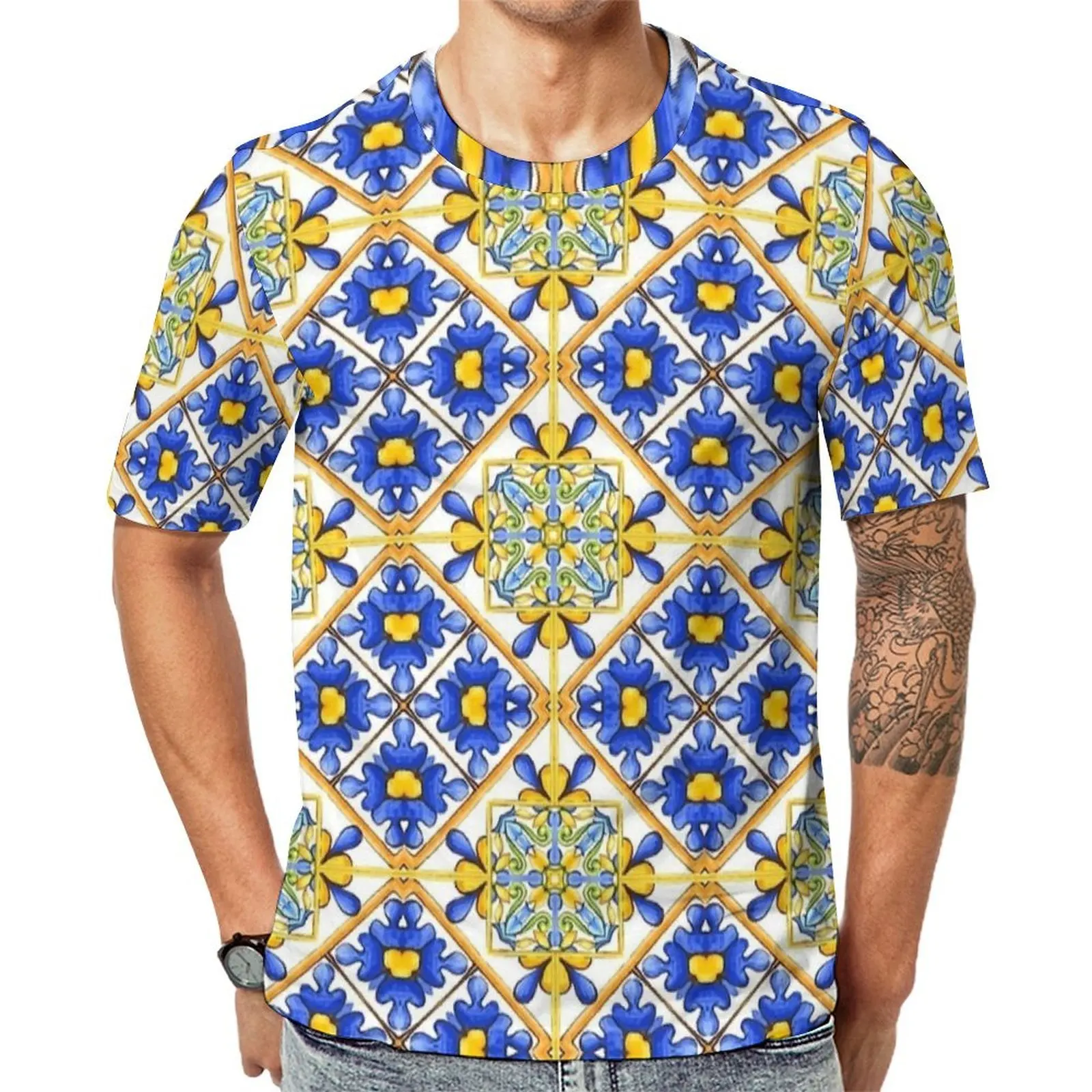 Vintage Blue Majolica Tile Print T Shirt  Harajuku T Shirts Man Kawaii Tshirt Summer Short Sleeve Printed Tees 4XL 5XL 6XL