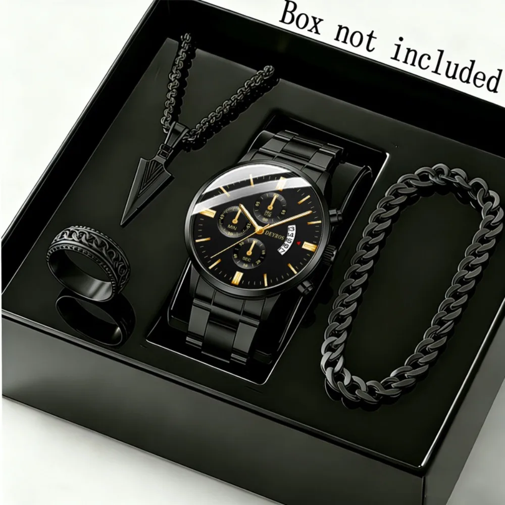 4pcs/set Men's Watch Triangle Spearhead Necklace Set and Stylish Business Quartz Watch for Men, , Stainless Steel Strap