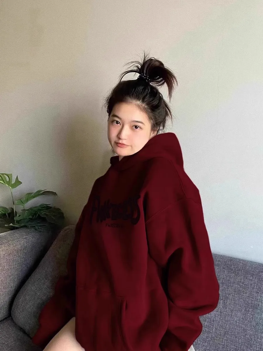 Burgundy Retro Sweatshirt Women\'s American Lazy Style Autumn and Winter oversize Design Spring Hooded Niche Jacket