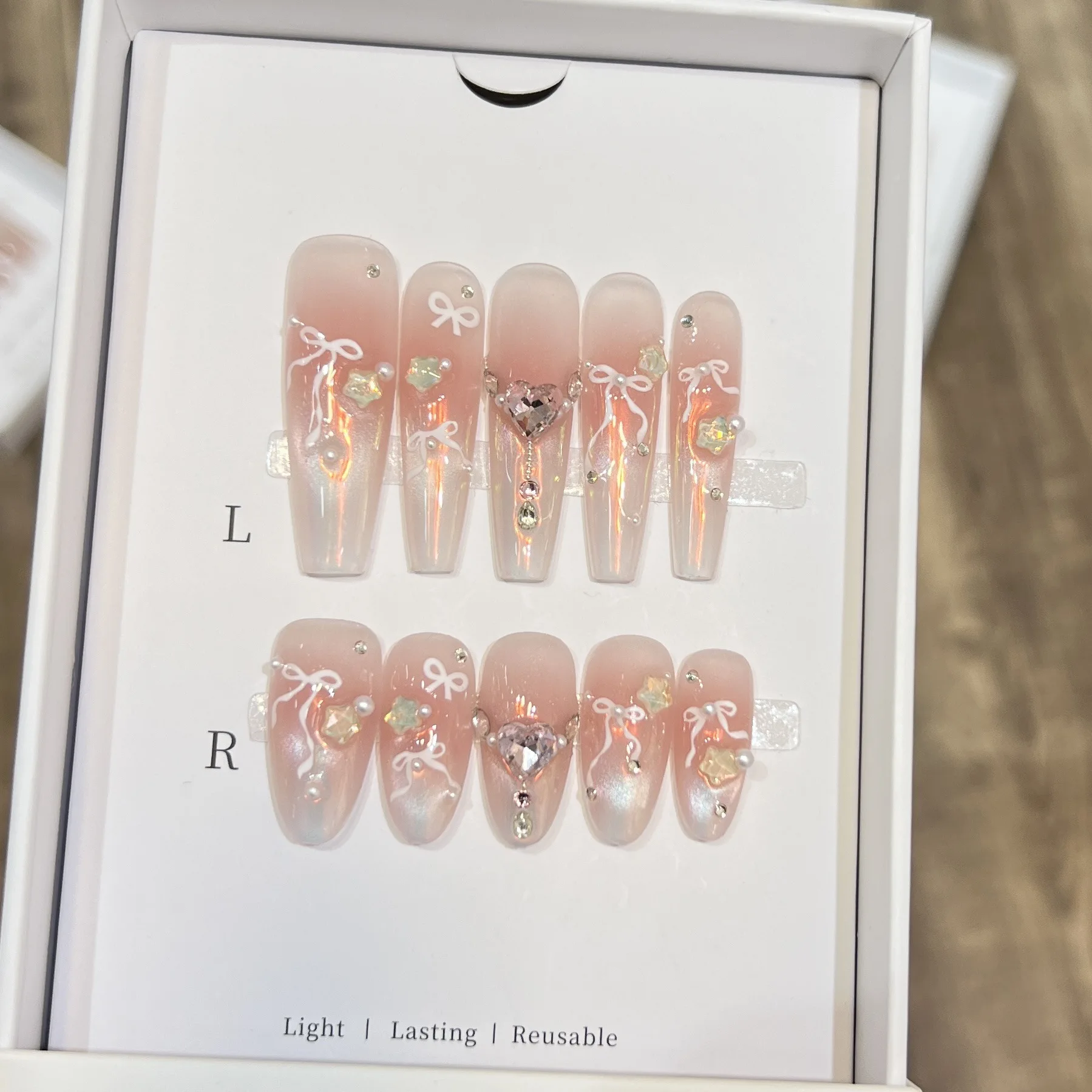 

10 шт., романтические Авроры, розовые накладные ногти ручной работы, милые банты, декор в форме сердца, стразы, накладные ногти, кошачий глаз, французские накладные ногти