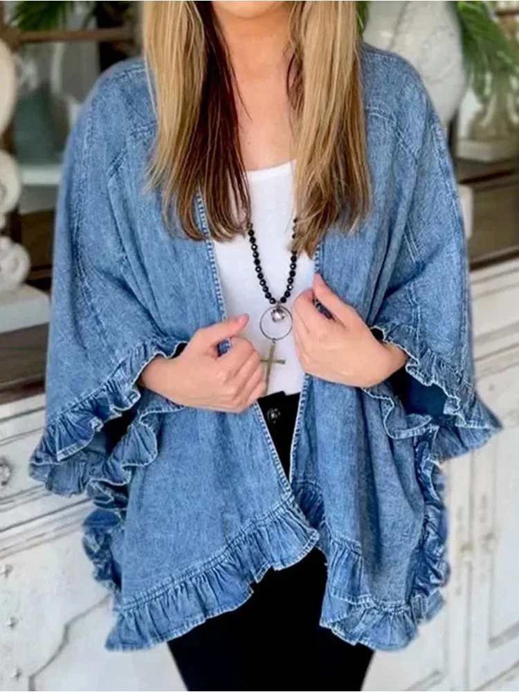 Classic Vintage Women's Denim Cardigan Fashion Solid Color Ruffle Trim Lapel Collar 3/4 Sleeve Casual Loose Denim Cardigan