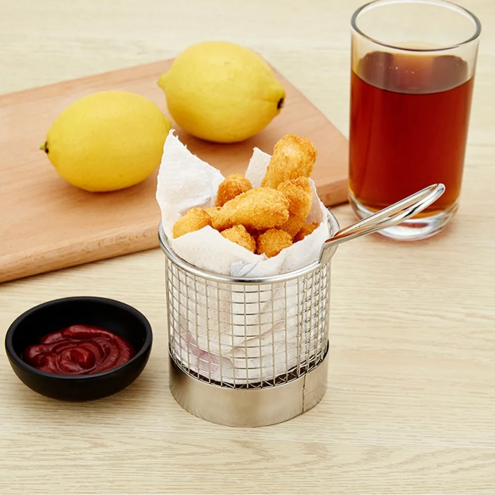 Table Serving Stainless Steel French Fry Basket With Handle Reusable Food Container Net Durable Deep Fry Basket Bar