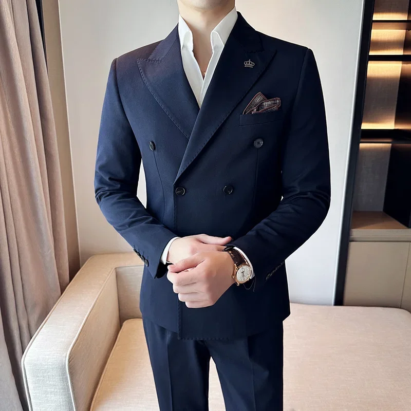 (Jacket+Pant) Fashion Double Breasted Design Men\'s Slim Fit Suits High Quality Italian Style Wedding Social Tuxedo Men Clothing