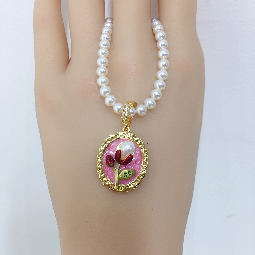 ZHBORUINI Natural Pearl Necklace Monet Garden Vintage Oil Painting Style Flower Freshwater Pearl Universal Buckle Gold Pendant