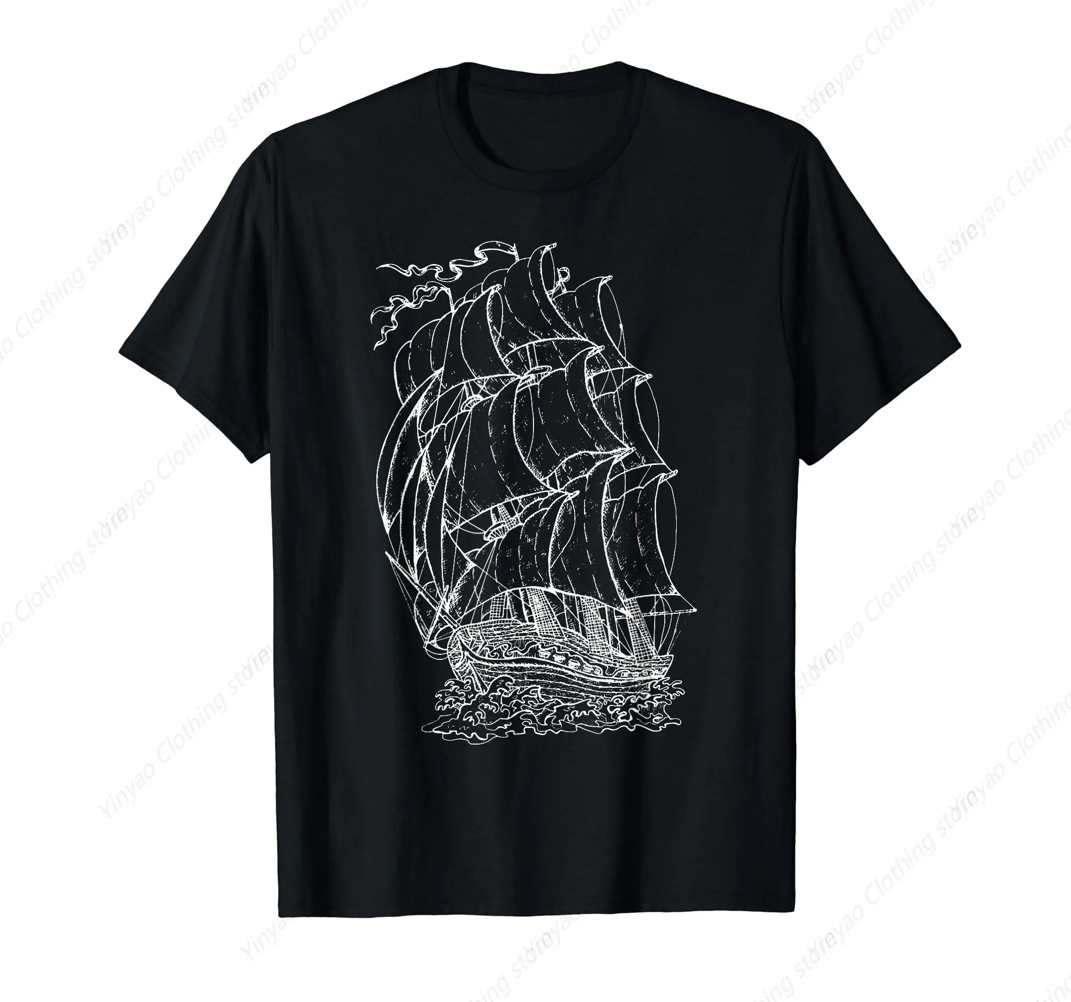 Retro street hip-hop sailboat T-shirt fashionable casual personality short sleeved unisex cotton top for men and women