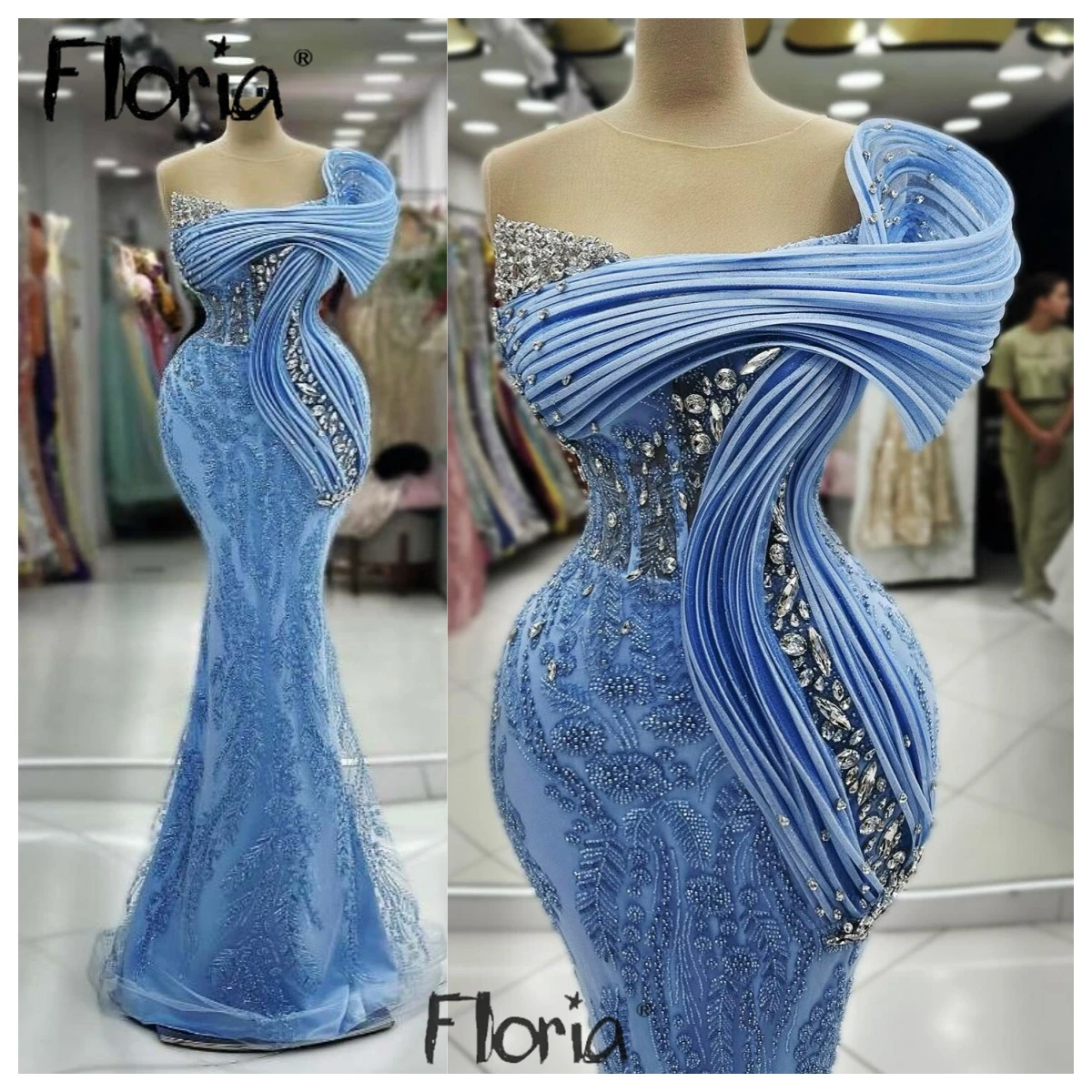 Floria Chic Blue Ruched Celebrity Dresses Sheer Neck Luxury Wedding Guest Gowns Women Vestidos De Graduación Customizable