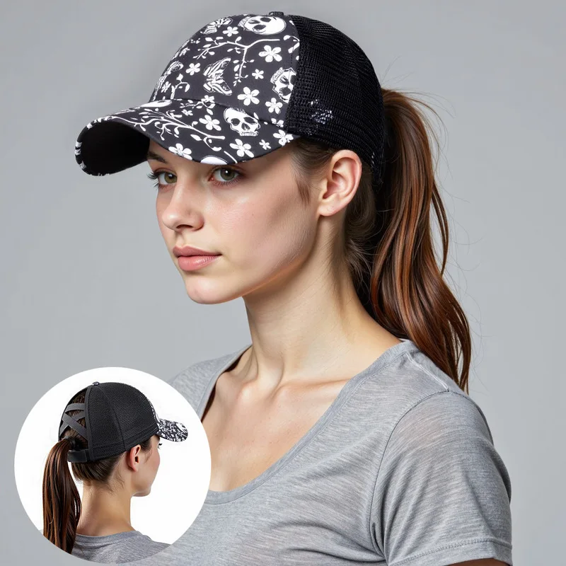 European and American cross-border baseball cap with ponytail hole, skull design, women's sun protection breathable mesh cap