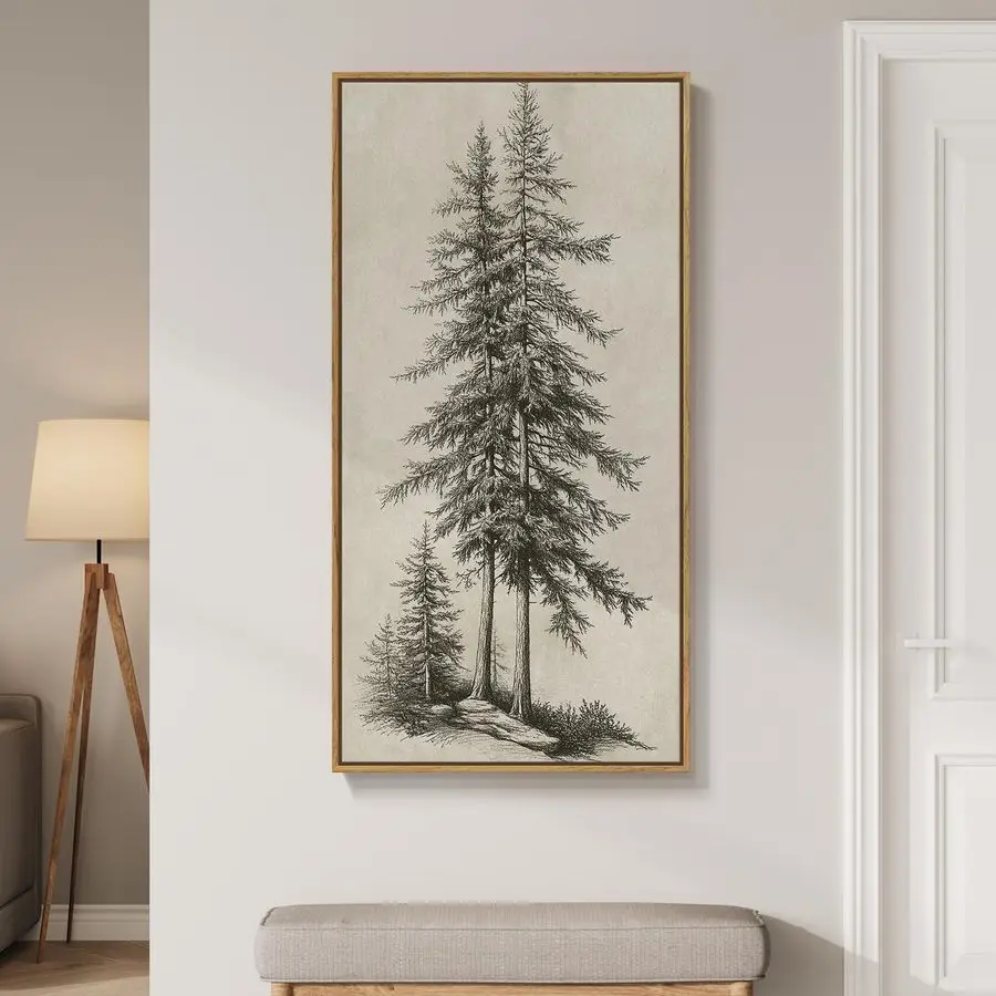 Arte de la pared de la sala de estar del árbol del boceto vintage vertical, obra de arte rústica grande del pino negro beige para paredes, habas naturales antiguas clásicas