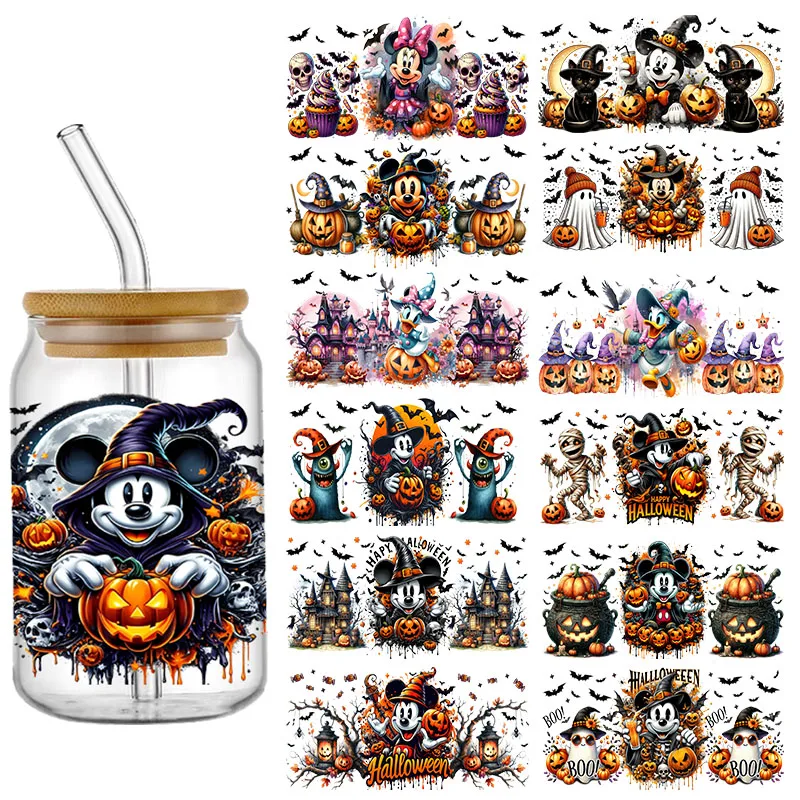 

Disney Halloween Mickey Minnie Dessie UV DTF Cup Wrap Transfer Sticker For 16OZ Glass Can Custom DIY Logo Waterproof