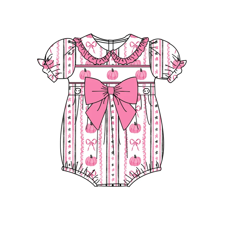 Boutique Collared Ruffled Jumpsuit Short Style Bow Decoration Halloween Pumpkin Print Wholesale
