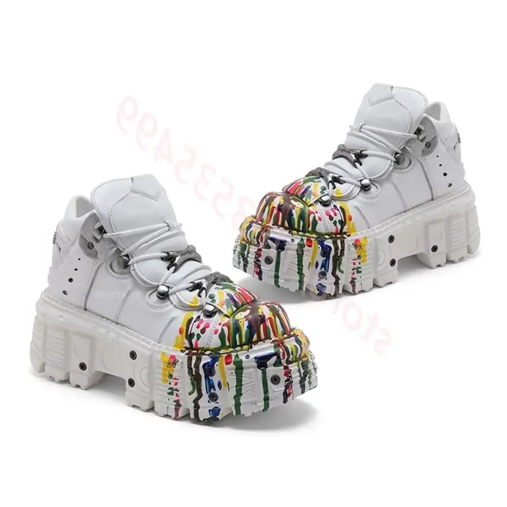 

2025 Metal Rivet Inkjet Thick Sole Boots Round New Punk Rock Sports Casual Shoes Fashion 35-45 Lace-Up Men's/women's Short Boots