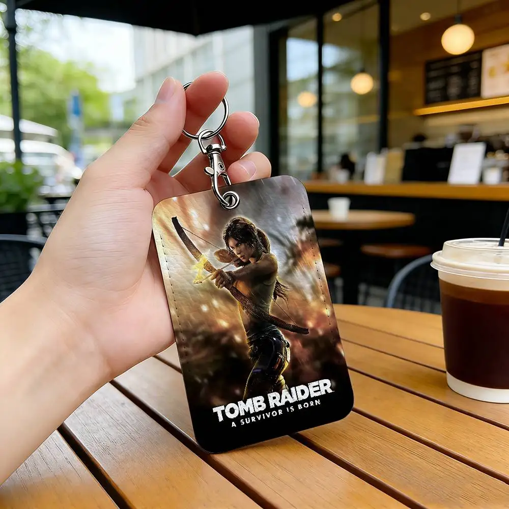 Game T-Tomb Raider Lara Rectangle ID Card Case Keychain Access Card Bag Key Tag Ring Leather Card Holder Key Ring Access