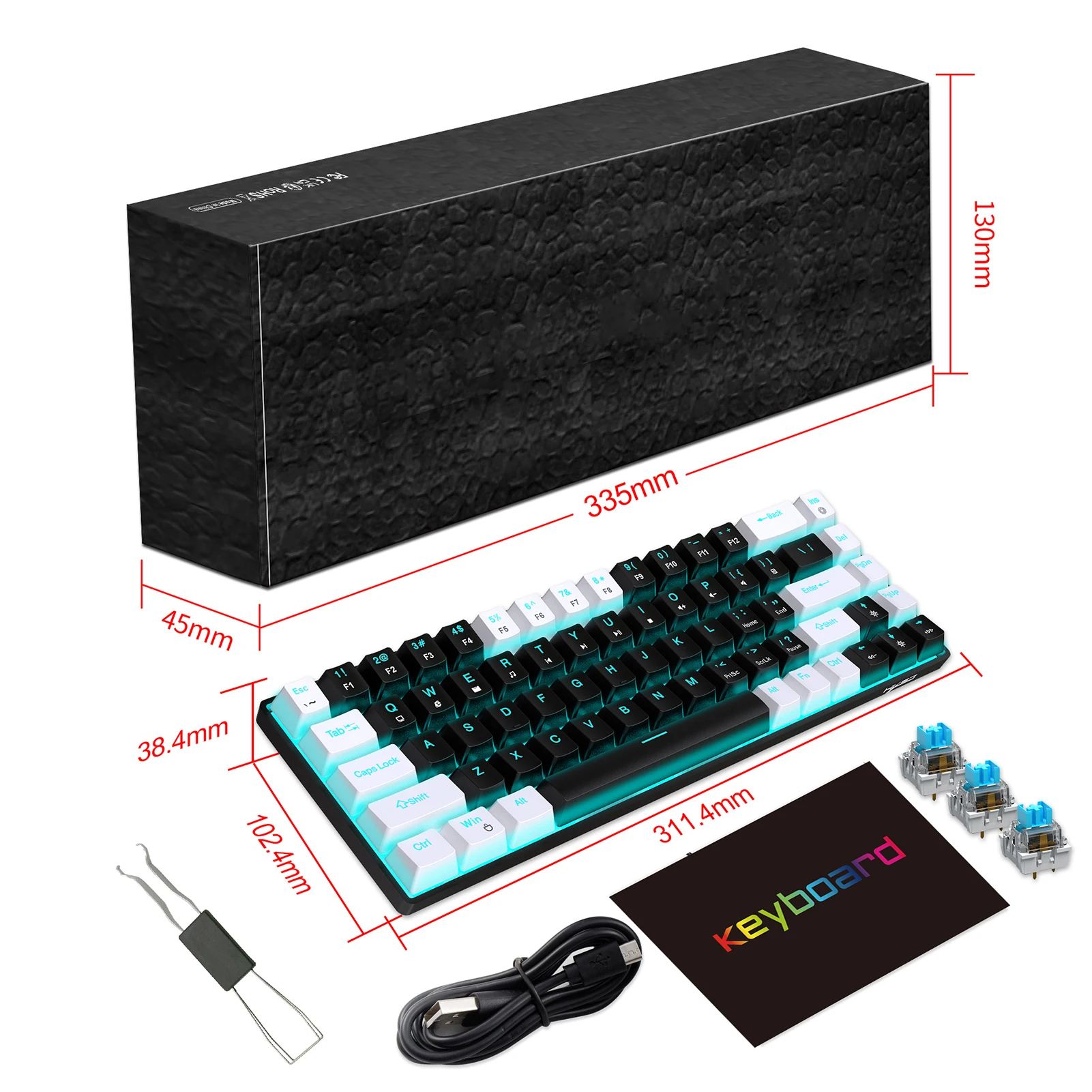 HXSJ V800 Keyboard Hot-swappable Switches Ergonomic Design Ice Blue Backlight Multiple Lighting Modes Detachable Cable Injection