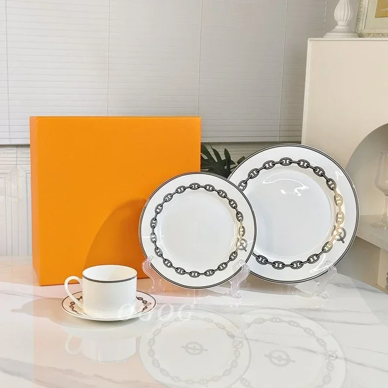 Gray Chain Pattern Bone China Steak Pastry Western Plate Tableware Popular Afternoon Tea Coffee Cup Saucer Minimalist Home Use