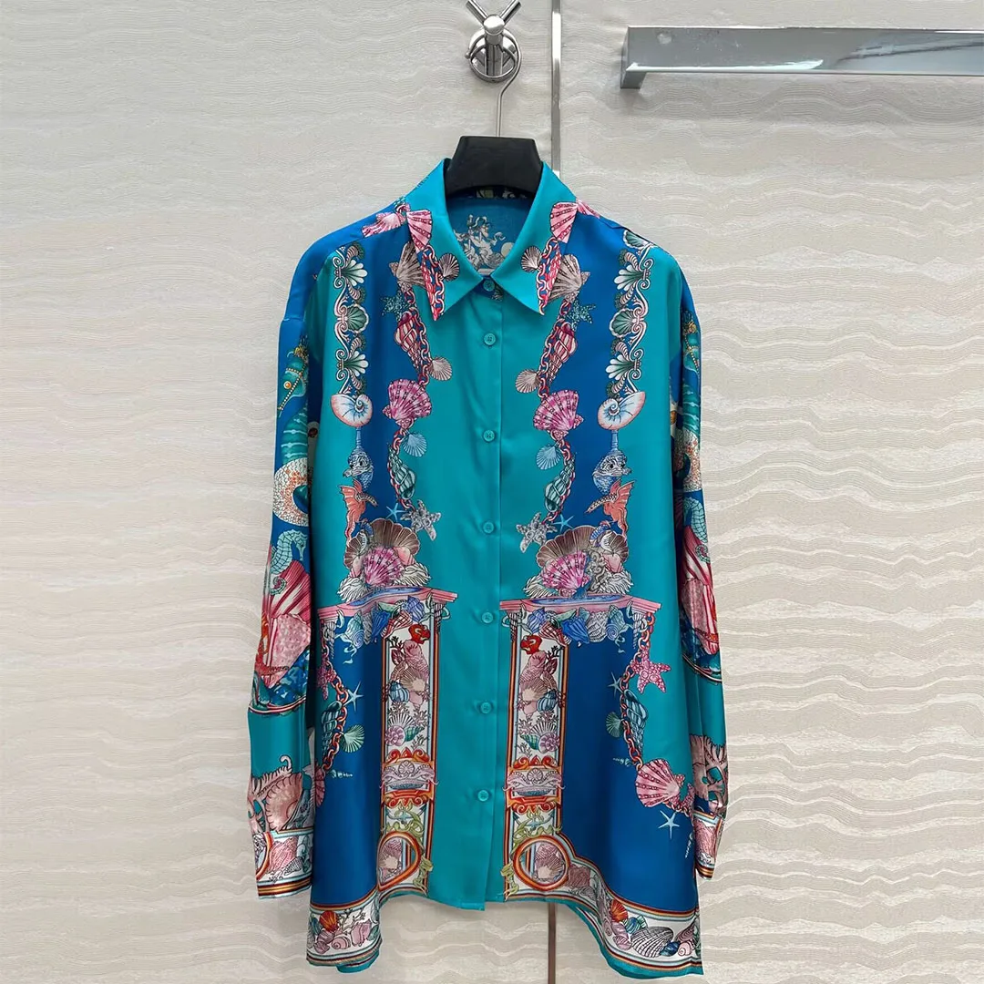 

Французская элегантная женская рубашка 2025, новая осенняя рубашка из 100% саржевого шелка, женская рубашка с мультяшным принтом и лацканами с длинным рукавом, синяя свободная повседневная блузка, топы