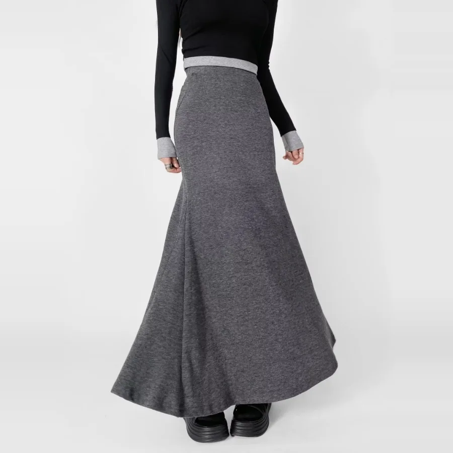 

Autumn Long Skirt with Elastic Waist Fish Tail Design Bodycon Dancewear High Waist Pure Color A-Line Midi Dress