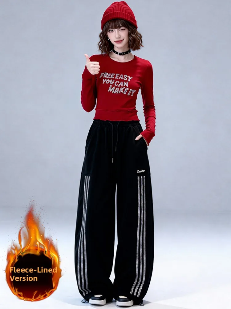 

Cool Casual Sportswear Set Women's Winter Fleece Lined Slim Fit Long Sleeve Red T-Shirt Workwear Pants Two Piece Trendy Outfit