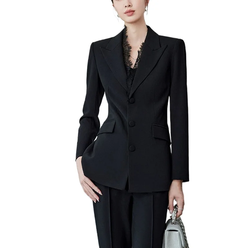 Traje profesional de talla grande con diseño de encaje para mujer, chaqueta de estilo coreano, tela de poliéster gruesa, no requiere planchado