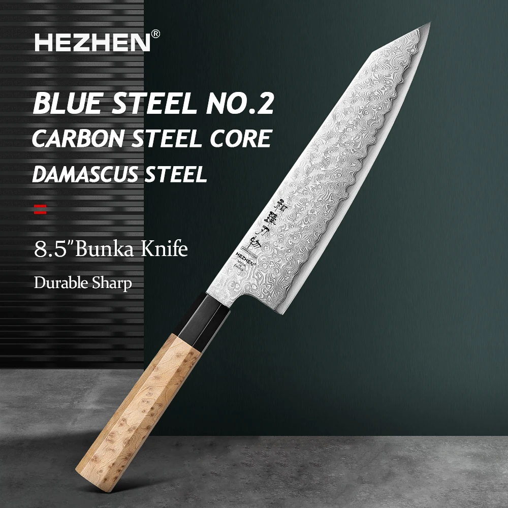 

HEZHEN 8,5-дюймовый нож-бушка 37-слойный трехцветный медный дамасский стальной острый инструмент японский кухонный нож