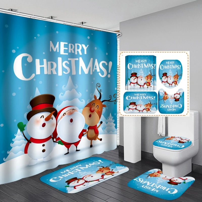 Christmas Bathroom Shower Curtain 4Pcs Set Snowman Santa Claus Pattern Waterproof Shower Curtain Toilet Cover Mat Non Slip Rug