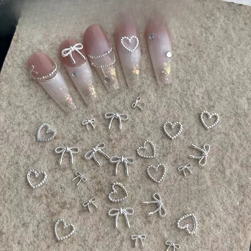 Decorações de Unhas em Forma de Laço Prateado, Charms de Metal, Acessórios de Unhas em Estilo Coreano e Japonês, Ferramentas de Manicure DIY