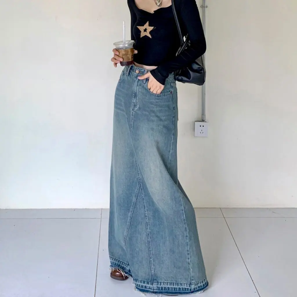 

Youmaniti Women's Elegant Retro Distressed Denim Skirt Floor-Length Washed Designer Long Skirt for Casual Wear