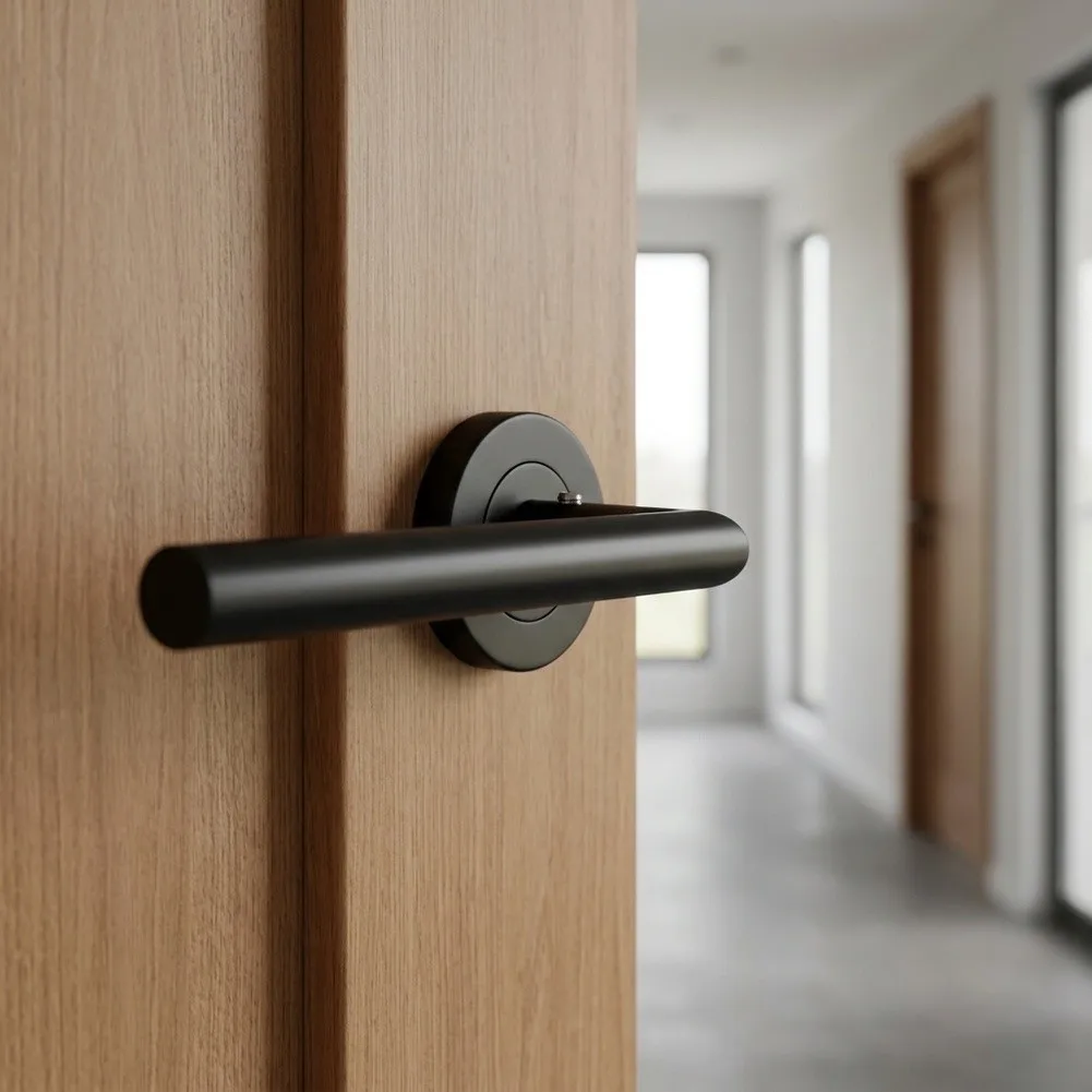 304 Stainless Steel Door Lever Set in Matte Black Finish Compatible with Standard Residential Door Thickness and Handedness