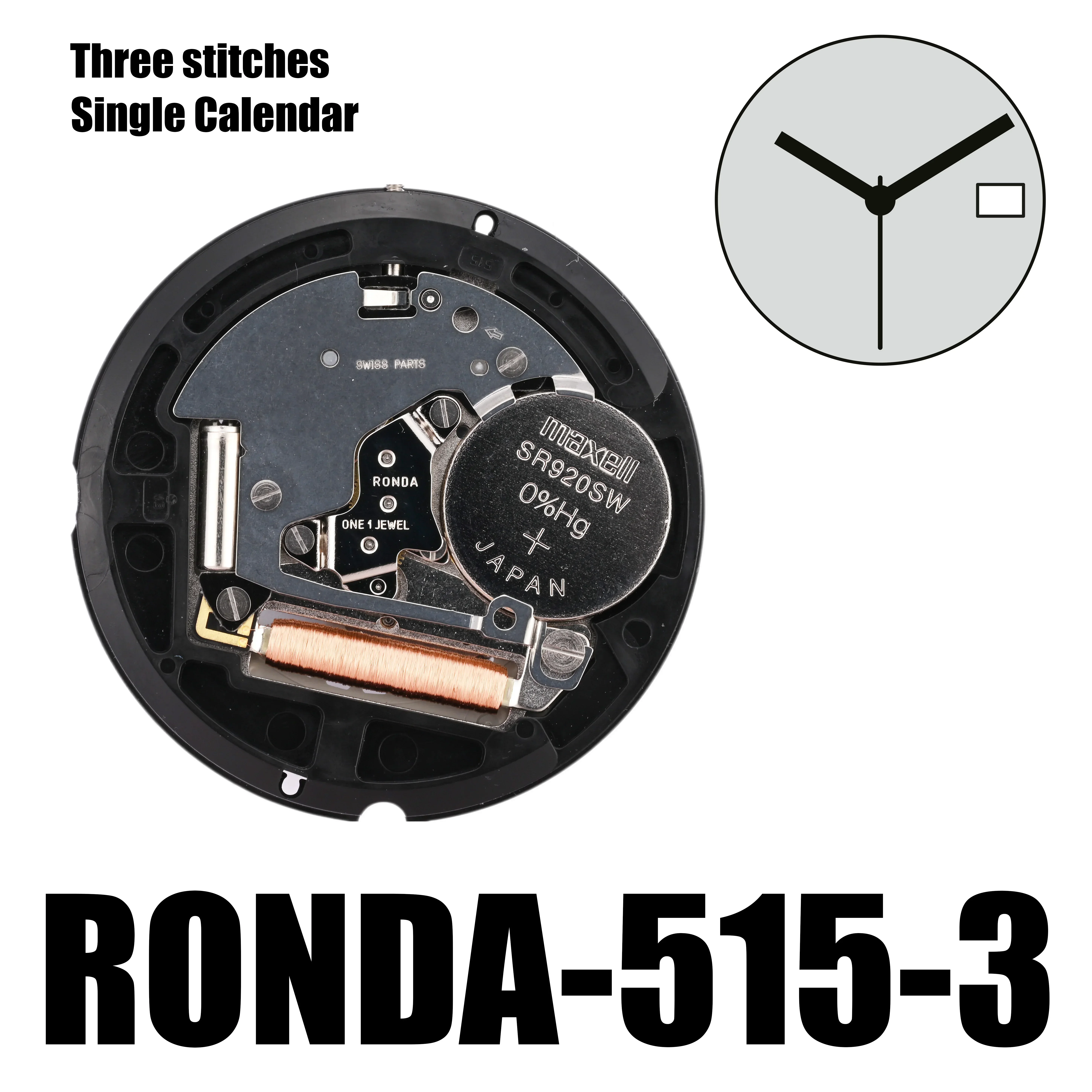 Ronda 515 Quartz Movement 515 Movement Battery 371 Renata with Datewheel 1 Jewels Brand Mechanism for Wristwatch Replace