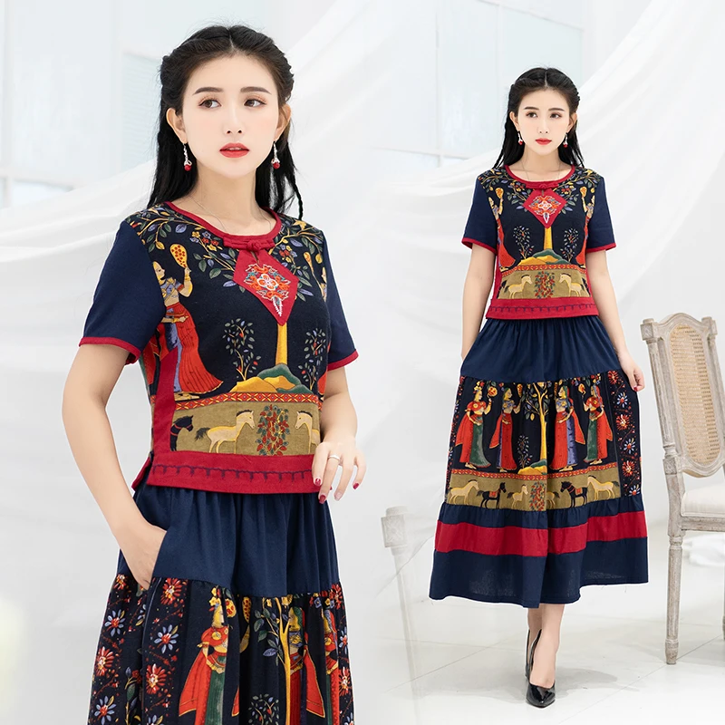 

Этнический женский комплект из хлопка и льна из двух предметов: повседневная летняя модная одежда больших размеров для мам в традиционном ретро-стиле