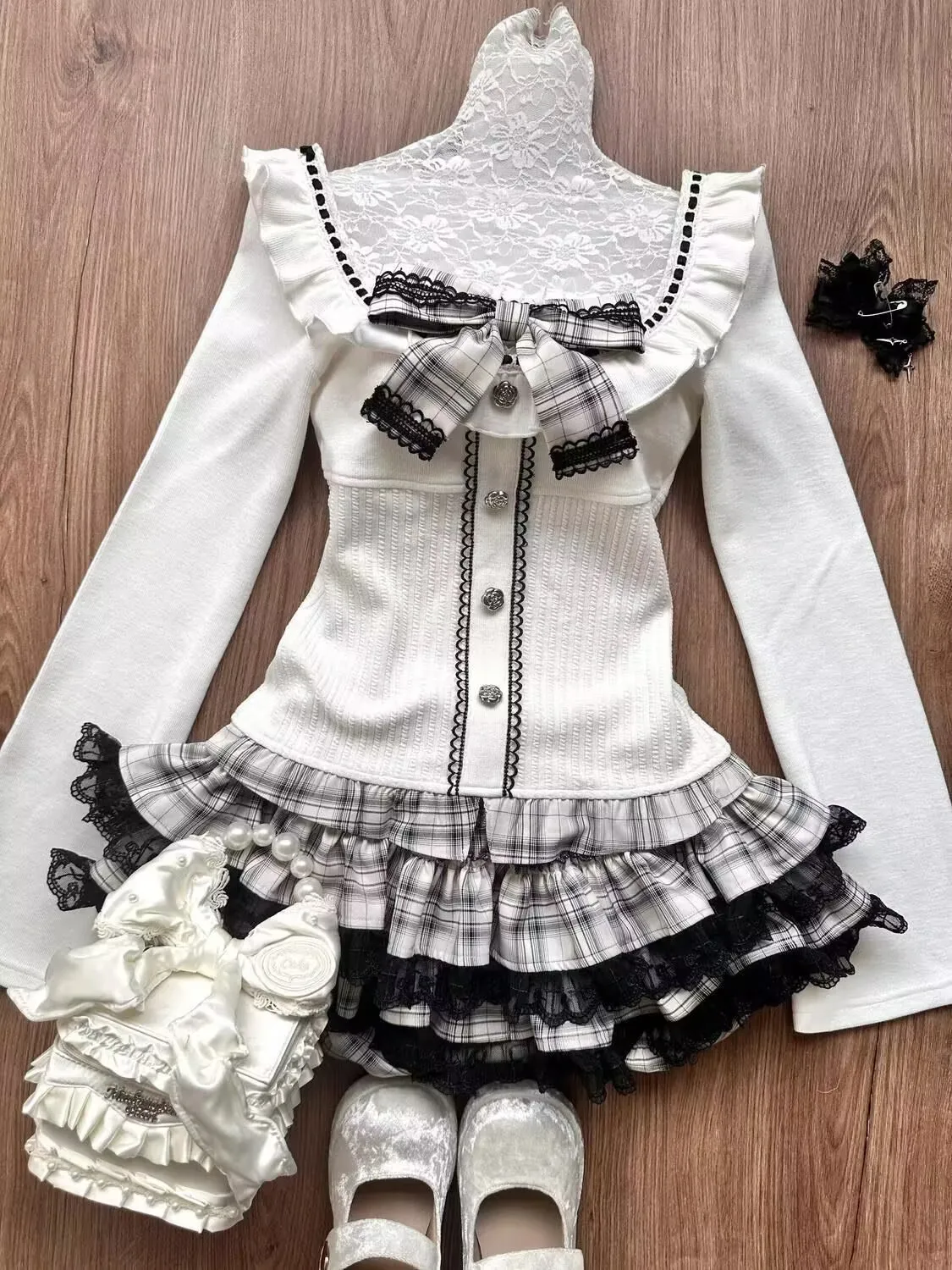 

Vintage Kawaii Two Piece Sets Womens Outifits Lolita Bow Slim Knitted Cardigan Coats + Lace Mini Skirt Sets Faldas Y2k Clothing