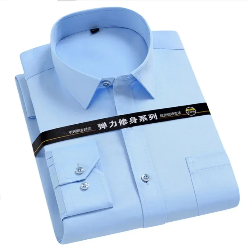 Men's Strech Casual Shirts Male Regular Fit Non-iron Solid Dress Shirt Anti-Wrinkle Long Sleeve Plain Easy Care Work Clothes Man