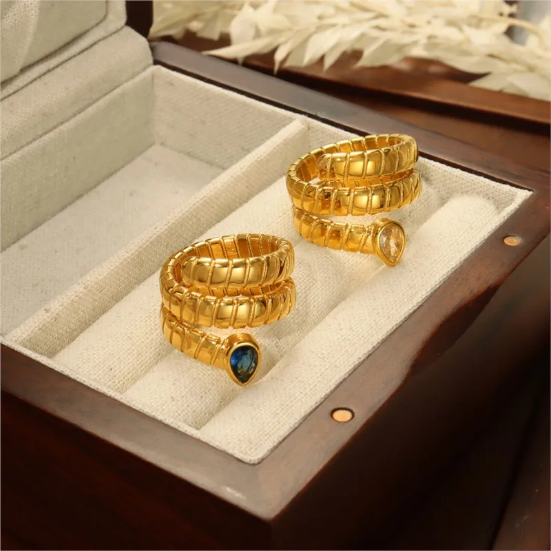 Snakelike Twining Rings For Women 2024 Trend New In Stainless Steel Gold Plated Inlaid Colored Zircon Women's Ring Jewelry Woman