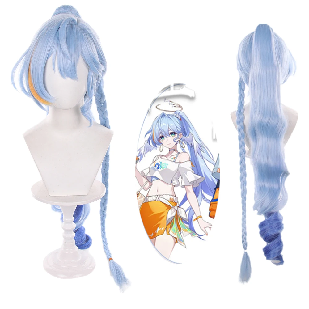Star Rail Robin Cosplay Wig 35.43inch Blue Gradient Curly Wave Heat Resistant Synthetic Hair Role Play Wig Costumes Accessories