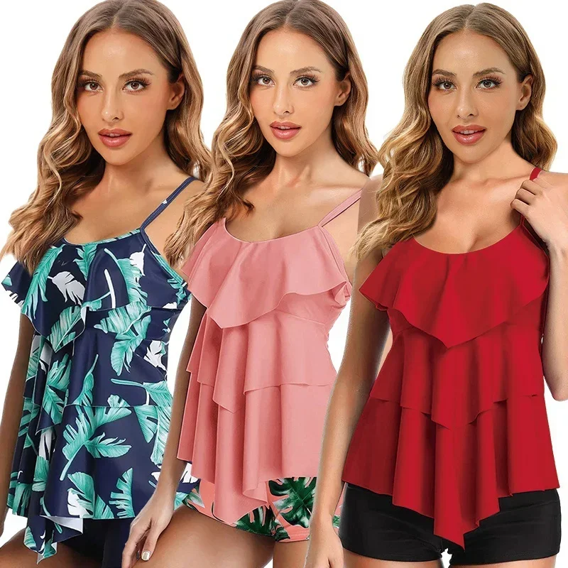 

2pcs/set Women Swimsuit Printed Conservative Belly Ruffle Split Suspender Top Boxer Swimwear