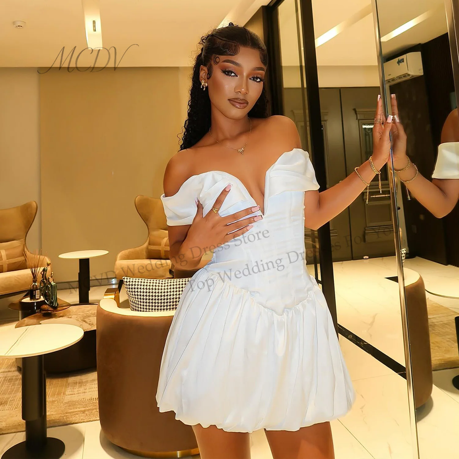 Customized Off Shoulder Mini Party Dresses V-Neck Puff-Style Skirt Above Knee Satin A-Line Vestido De Festa Customized