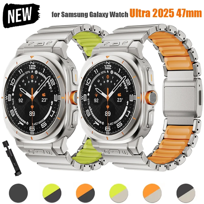 

Резиновый металлический ремешок для Samsung Galaxy Watch Ultra 2025 47 мм, роскошный ремешок из нержавеющей стали для Galaxy ULTRA 2024, деловой браслет