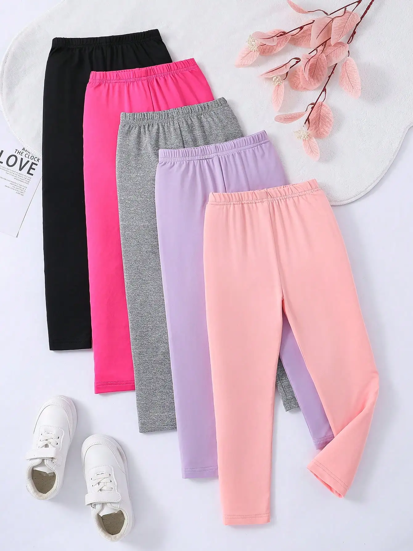 

5-Pack Kids Solid Color Stretch Leggings for Daily Wear, Spring to Autumn