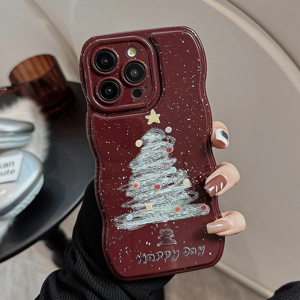 크리스마스 시리즈 일러스트레이션 레트로 레드 웨이브 엣지 휴대폰 커버 케이스, 아이폰 16, 15, 14, 13, 12, 11 프로 맥스 플러스용