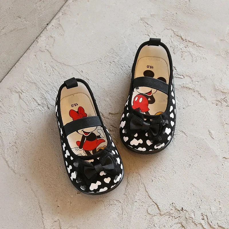 Disney Spring and autumn girl princess bow cartoon canvas shoes kindergarten frozen mickey single casual shoes