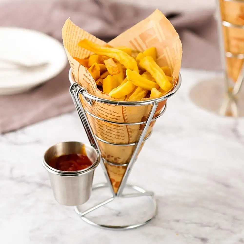 

French Fries Stand Metal Chip Rust-proof Hollow Out Cone Holder with Cup Holder Fried Chicken Display Rack for Food Appetizers