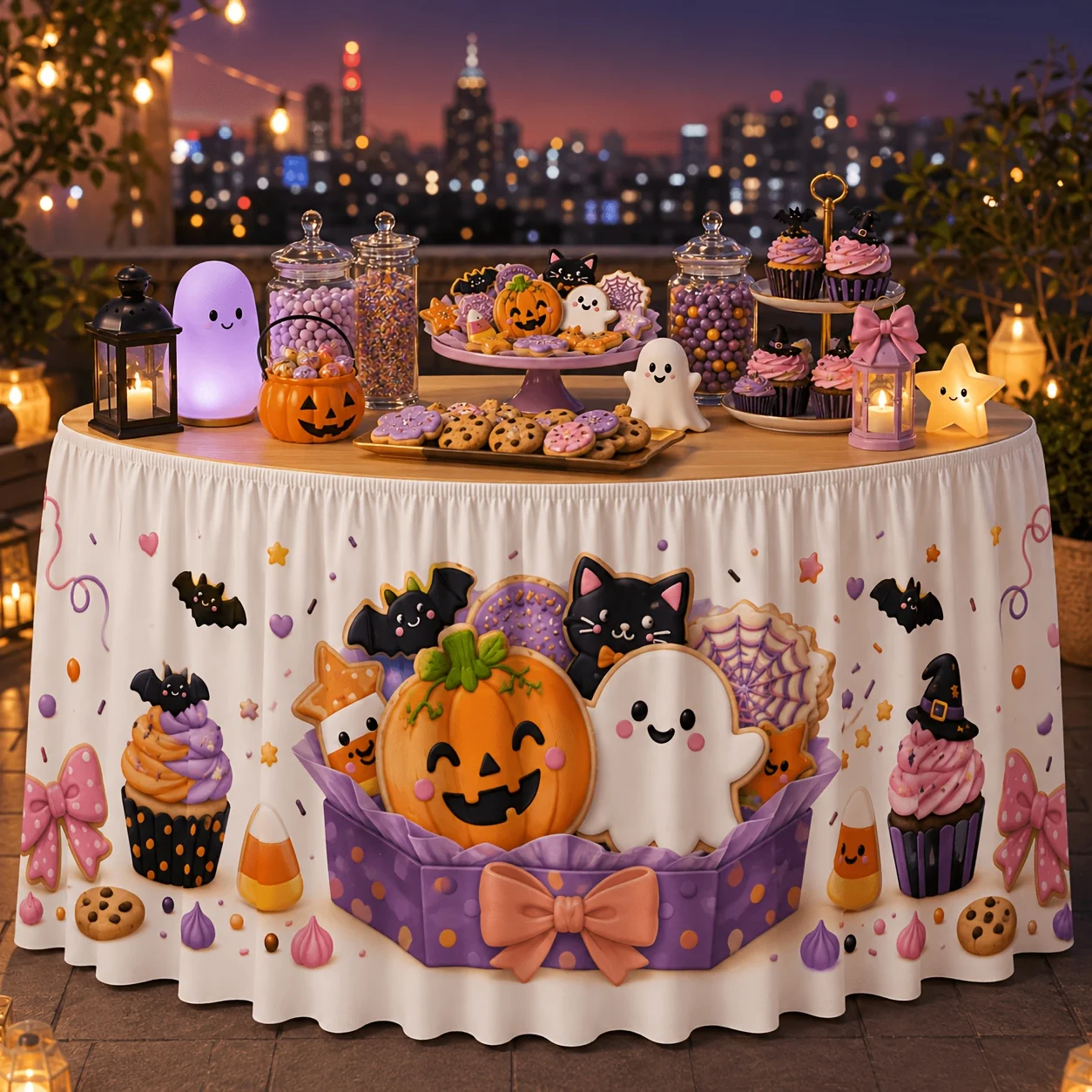 One tablecloth or table skirt. Polyester. Cute Halloween cookie box. Pumpkin, ghost, black cat, bat. Paper cupcake. Candy.