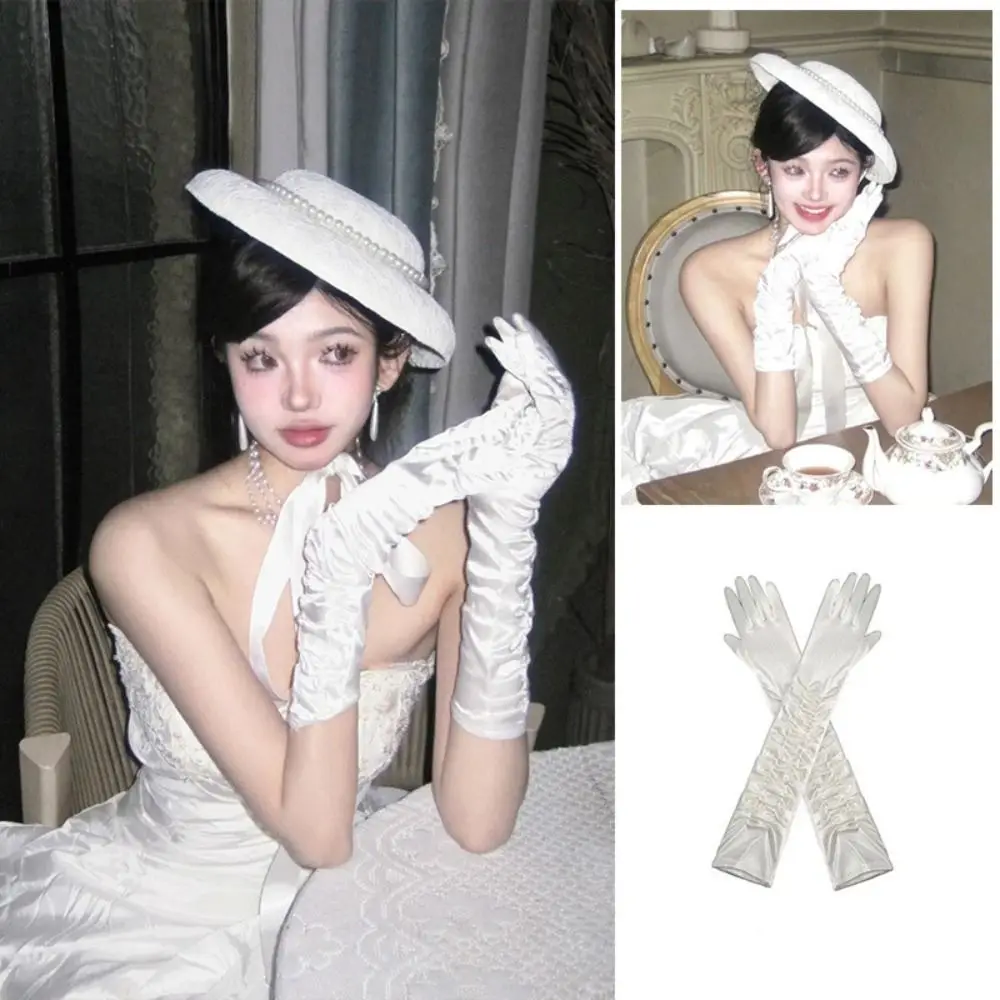 

Temperament White Satin Long Gloves Lace Sweet Wedding Bridal Gloves Vintage Elastic Long Finger Mittens Dinner