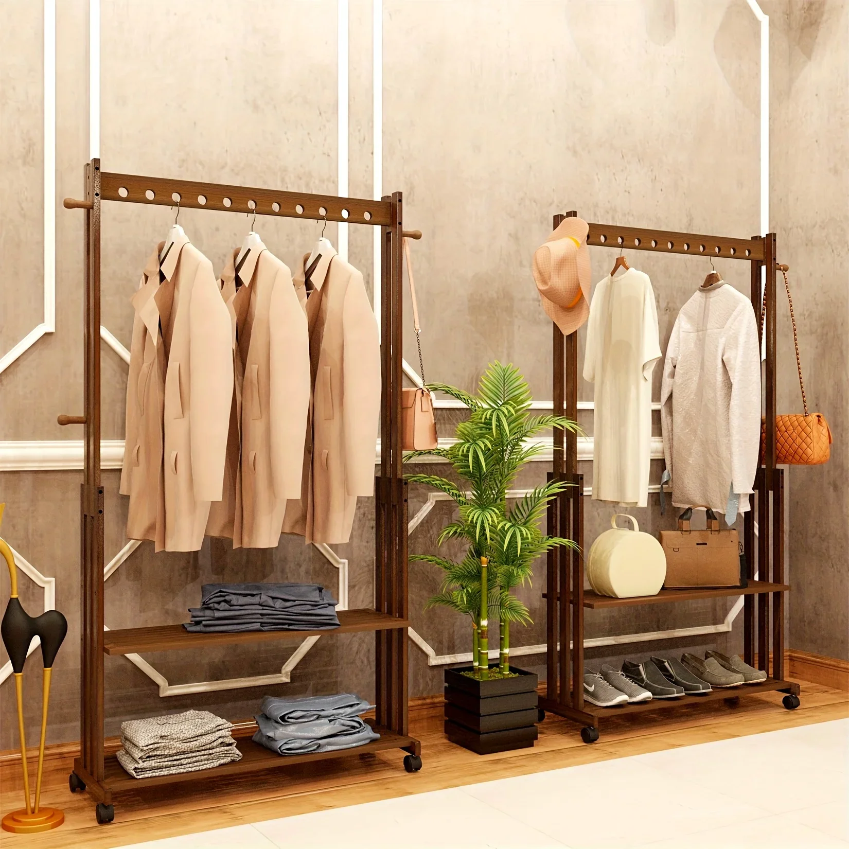 

Bamboo Clothes Rack Stand: Wooden Clothing Hanging Rail Garment Rack Rolling Coat Stand Open Wardrobe with Storage Shelves for