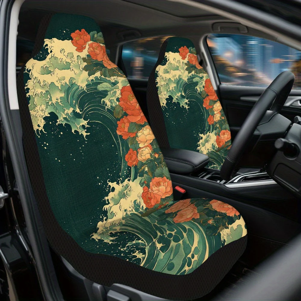 2pcs Asian Floral Waves Car Seat Covers Set - Stylish Green & Golden Floral Design, Durable Polyester, Fit For Most Cars, Machin
